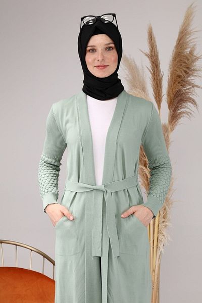 Ferace Tesettur Cardigan Long Knitwear Γυναικεία λαιμόκοψη V-λαιμόκοψη Water Green
