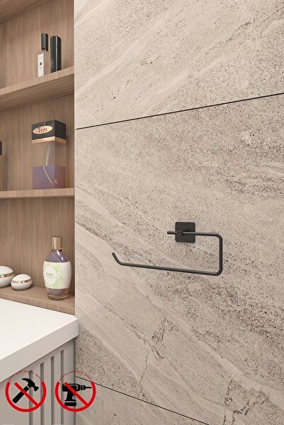 Alper Banyo Yapışkanlı Siyah Kare Solo Havluluk | Rulo Havlu Askısı | Dolap Altı & Duvar Montajlı Pratik Askı