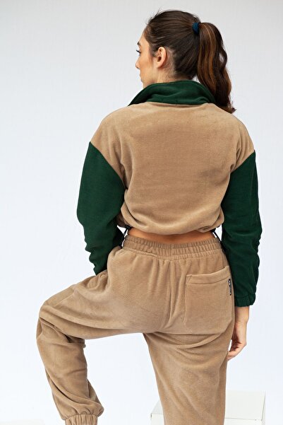 Vatkalimon Orange Brown Khaki Half Zip Crop Fleece