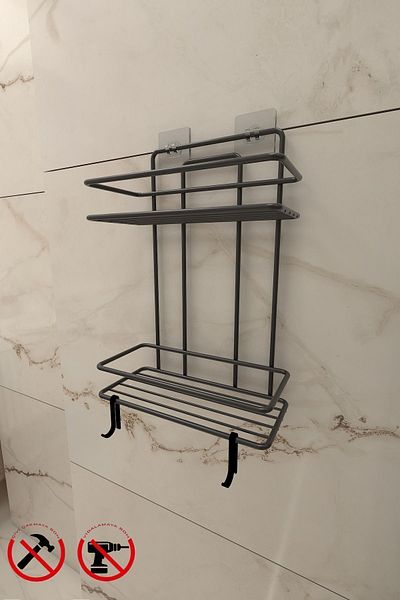 Alper Banyo Ανοξείδωτη κόλλα διάρκειας ζωής Μαύρη 2 στρώσεις επίπεδη θήκη σαμπουάν μπάνιου Tş02, τρύπημα στο τέλος, χωρίς βίδες τρυπανιού