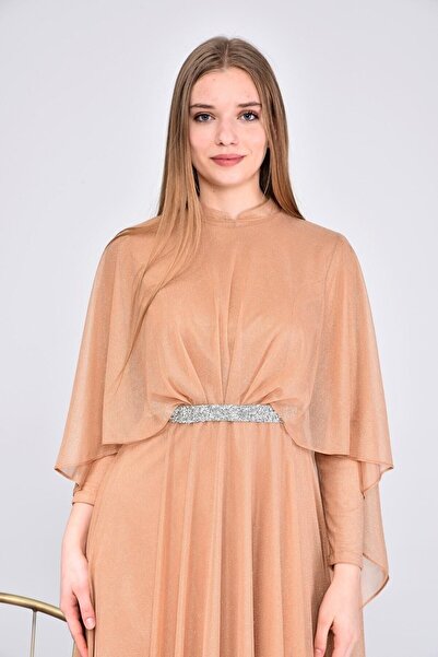 Ferace Γυναικείο Φόρεμα Τεσεττούρα με Ασημί Φινίρισμα και Ακρωτήριο Φόρεμα Μεγάλου Μεγέθους Χρυσοκίτρινο