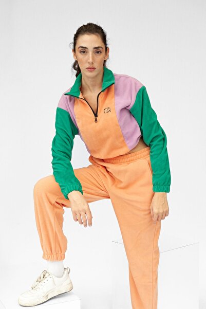 Vatkalimon Salmon Lilac Green Half Zip Crop Fleece