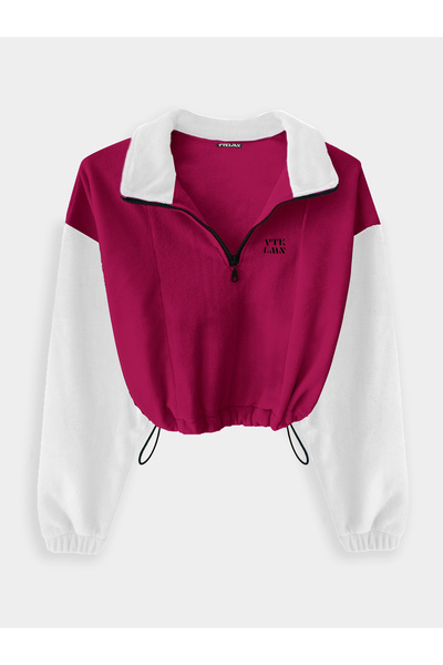 Vatkalimon Fuchsia White Half Zip Crop Fleece