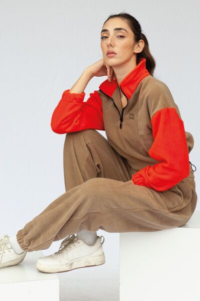Vatkalimon Brown Orange Half Zip Crop Fleece