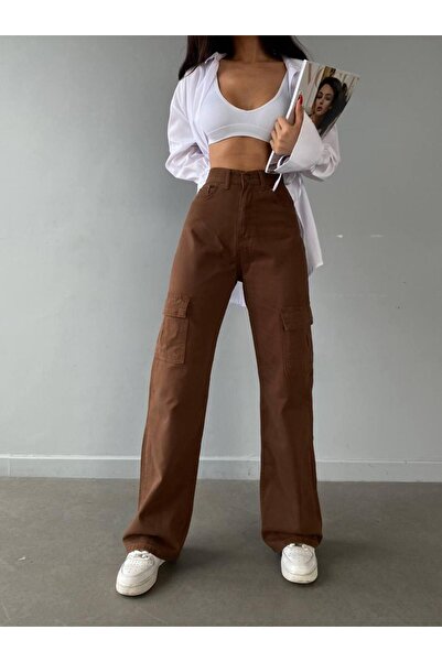 Shield Life Pantaloni cargo maro cu talie înaltă - picior lat, picior largi