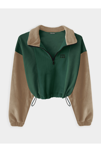 Vatkalimon Khaki Brown Half Zip Crop Fleece