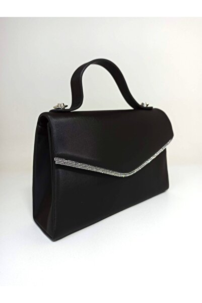 dizaynbag Kadın siyah saten gümüş taş aksesuarlı abiye çanta