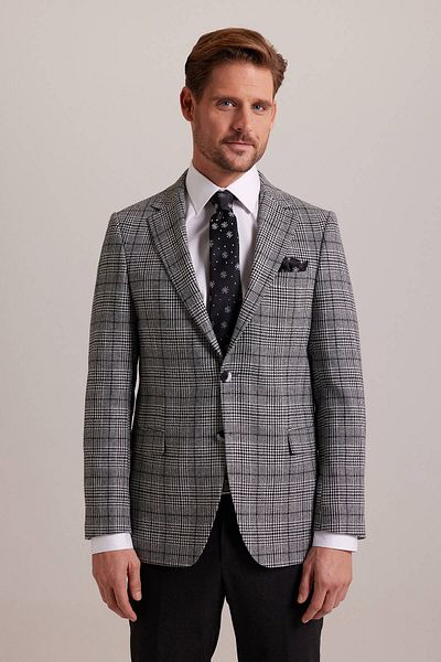 Ysf Men's Gray Winter Wool Regular Fit Plaid Patterned Single Jacket