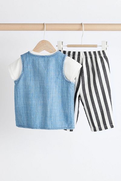 Next Baby Smiley Patterned Cotton Denim Vest and Striped Jogger Pants - 3 Piece Set