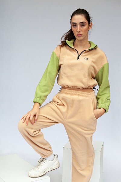 Vatkalimon Cream Green Half Zip Crop Fleece