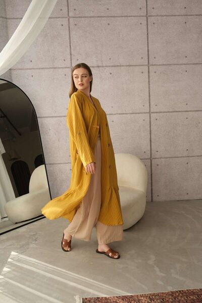 SARE ERKMEN Mustard Yellow Striped Large Size Kimono