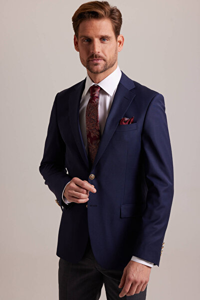 Ysf Erkek Lacivert Regular Fit Yünlü Blazer Ceket