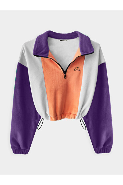 Vatkalimon Salmon White Purple Half Zip Crop Fleece