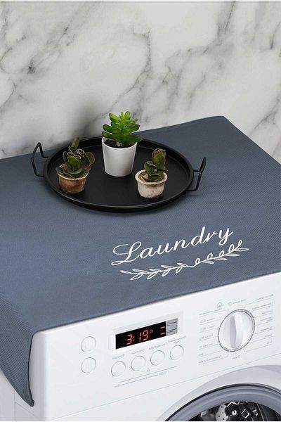 HOMELKA Washing Machine Cover Embroidered Liquid Proof Fabric Navy Blue Color