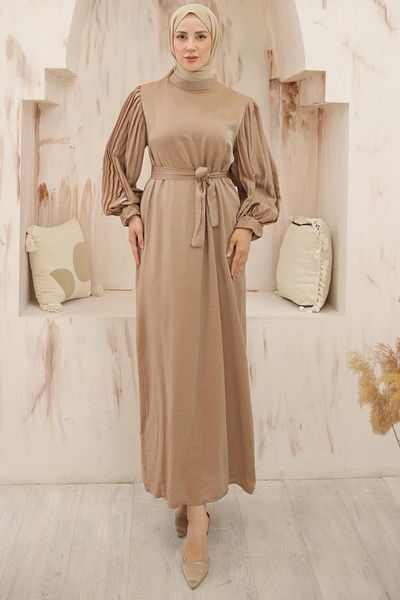 benguen 3986 Model - Camel Hijab φόρεμα, πλισέ μανίκια
