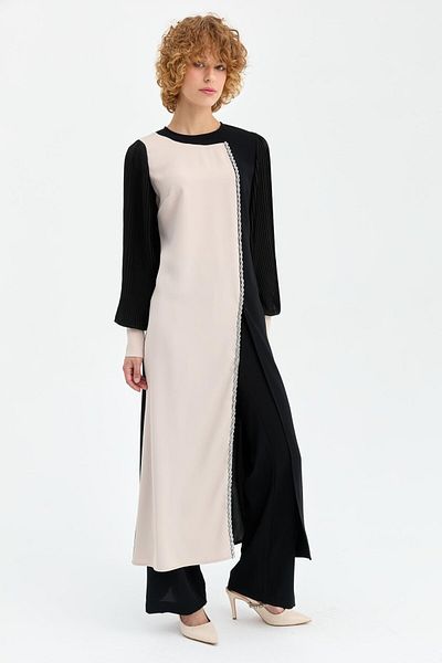 Esswaap Beige Colored - Pleated Sleeve and Stripe Stone Detailed Trousers Set