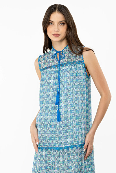 Ekol Desenli Midi Boy Elbise Mavi
