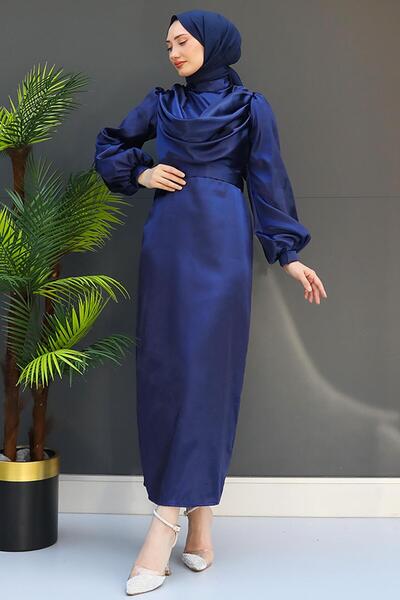 GİZ AGİYİM Βραδινό μπλε ντραζιέρα φόρεμα με χιτζάμπ