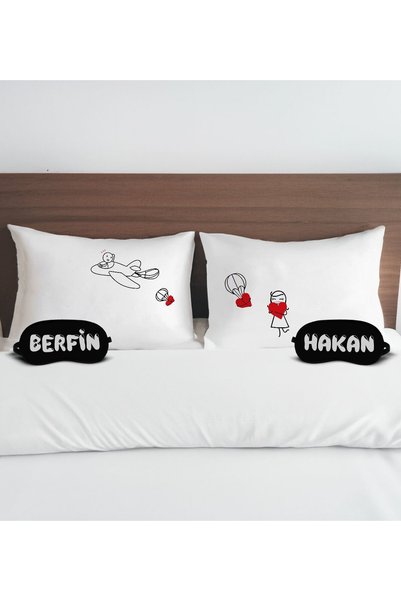 Bk Gift Sevgili Tasarımlı Pamuklu Yastık Kılıfı ve Göz Bandı Çift Uyku Seti-1...