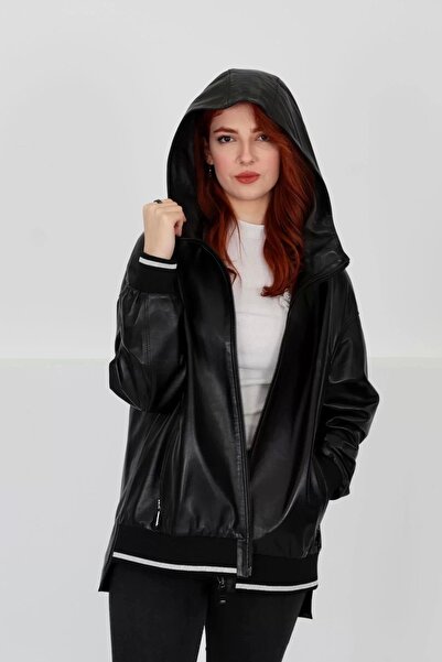 By Marki Marki Kadın Siyah Hakiki Deri Kapüşonlu Mont - Baharlık, Fermuarlı, ...