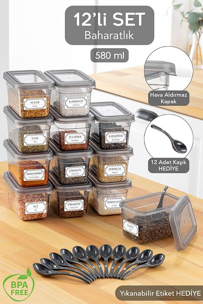 Meleni Home 12-Piece Spice Jar Set - Spice Storage Container with Label, Leak-Proof Lid - 12 x 580 ml