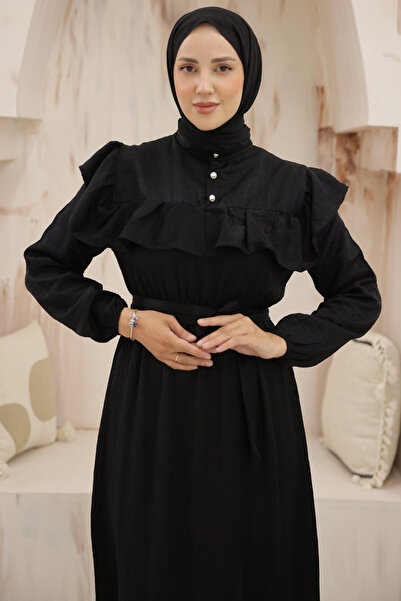 benguen 4043 Φόρεμα με μαύρο βολάν μπροστά με λεπτομέρειες