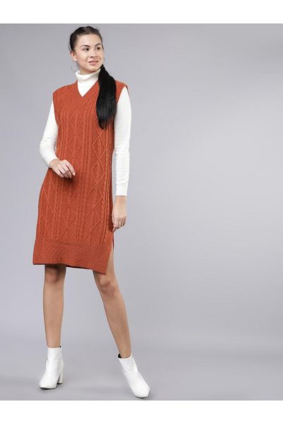 Tokyo Talkies By Styli Sleeveless Cable Knit Sweater Knee Length Dress