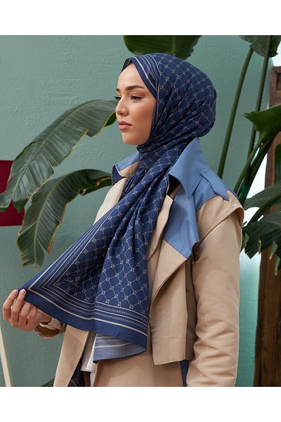 Silk Home Navy Blue-Beige Twill Silk Monogram Shawl 100%