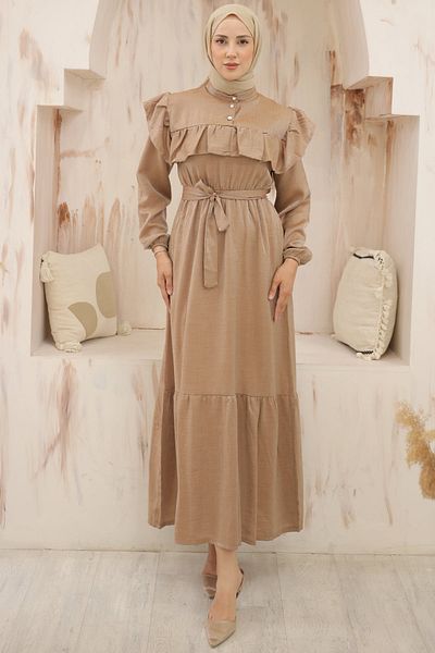 benguen 4043 Μοντέλο Camel Ruffle Μπροστινό φόρεμα με λεπτομερή κουμπιά