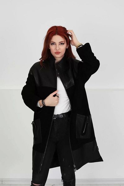 By Marki Marki Genuine Leather Black Oversize Coat - Zippered and Suede Detail, Women's Coat 100 cm