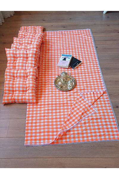 Marin Tasarım Evi 6 Pieces Orange Picnic Cloth Set - 40x40 Cushion, 170x170 Table Cloth