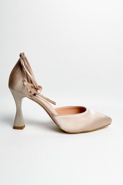 RABU Beige Satin Women's Evening Dress - Ankle Tie, Closed Front, Pointed Toe Heels and Stone Detail