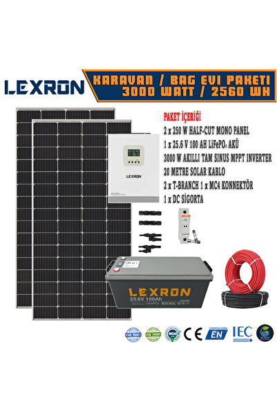Lexron HAZIR GÜNEŞ ENERJİSİ SİSTEMİ - KARAVAN/BAG EVI LİTYUM PAKETI - 2688 WH...