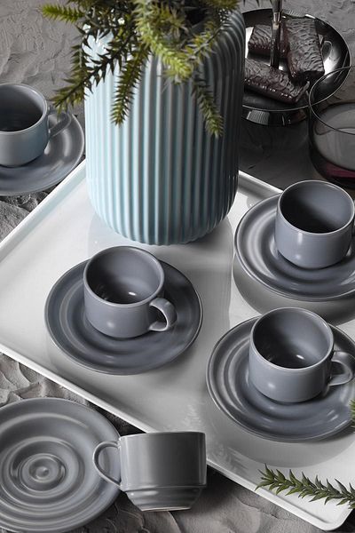 Kütahya Porselen Neues Tuvana Grey 12-teiliges Kaffeeset für 6 Personen