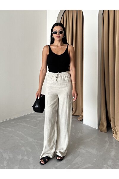 Laluvia Kalhoty Palazzo ze 100% lnu v barvě kamene - 3455