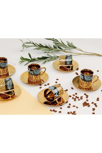 Sembol Leopard Gold Patterned 6-Person Porcelain Coffee Cup Set Harlem-765