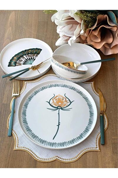 Sembol Floristic Yelpaze Desen Bone Chine Porselen 24 Parça 6 Kişilik Yuvarlak Yemek Takımı Ekselans