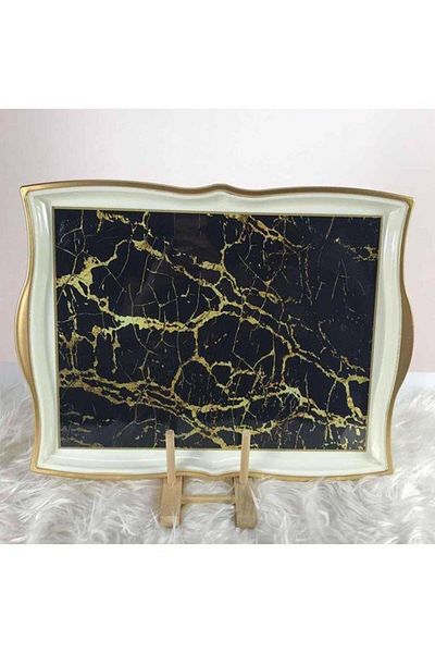 Zücev 48x32cm Symbol Marble Patterned Black Acrylic Tray - Acrylic-08
