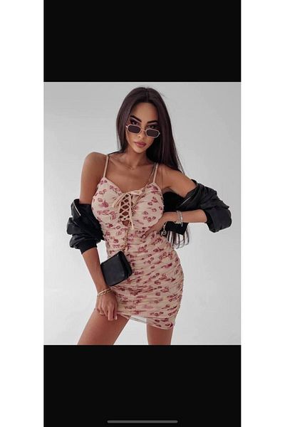 rengamoda Πολύχρωμο Multi Chiffon Digital Printed Γυναικείο Φόρεμα - Ζαρτιέρες και Δαντέλα στο στήθος