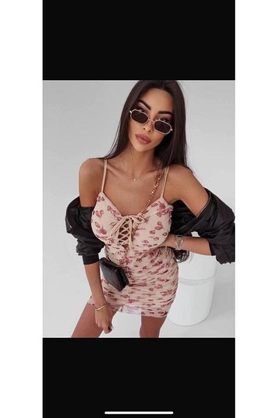 rengamoda Πολύχρωμο Multi Chiffon Digital Printed Γυναικείο Φόρεμα - Ζαρτιέρες και Δαντέλα στο στήθος