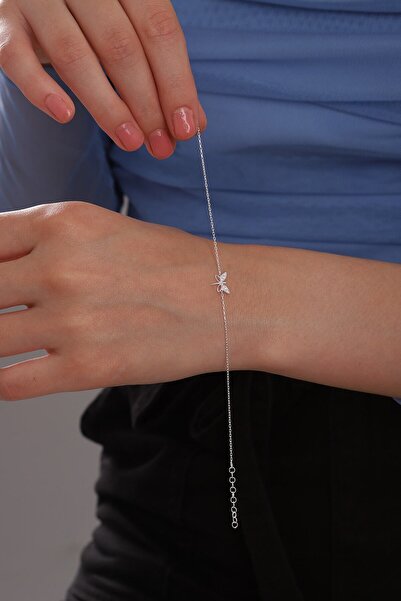 Bilsen Store 925 Ayar Gümüş Zincirli Beyaz Zirkon Taşlı Minimal Yusufçuk Bileklik