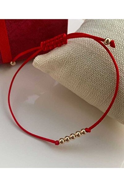 BD AKSESUAR Altın Kaplama Küçük Top, Kırmızı Ip Bileklik