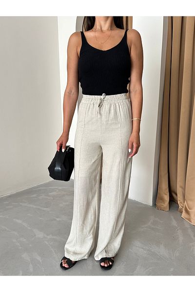 Laluvia Steinfarbene Palazzo-Hose aus 100 % Leinen – 3455