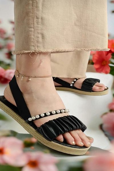 İnan Ayakkabı Women's Black Color Pearl Detailed Daily Sandals & Slippers