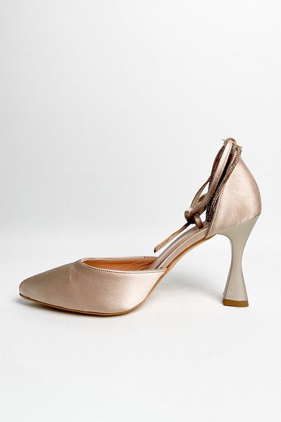 RABU Beige Satin Women's Evening Dress - Ankle Tie, Closed Front, Pointed Toe Heels and Stone Detail
