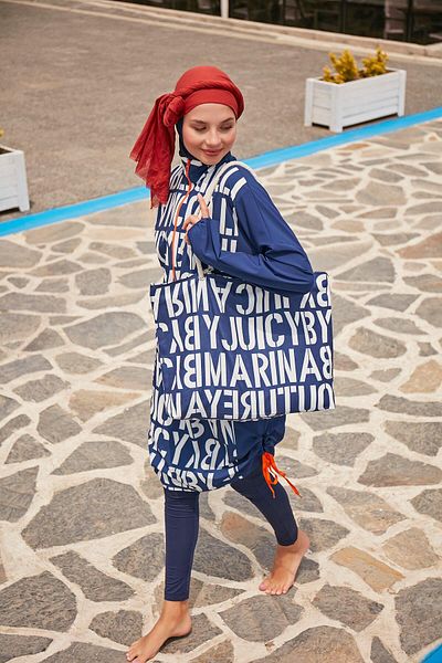 Marina Navy Blue Hijab Swimsuit with Full Covered Letters - M2301-1