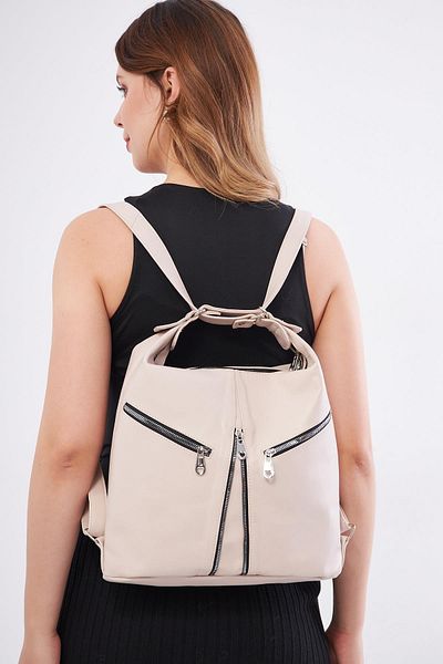 DERİNSS Genuine Leather Beige Women's Bag - Back and Shoulder Dkb501