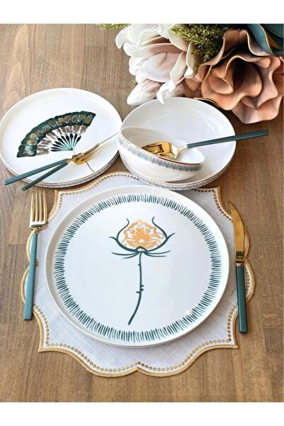Sembol Floristic Yelpaze Desen Bone Chine Porselen 24 Parça 6 Kişilik Yuvarlak Yemek Takımı Ekselans