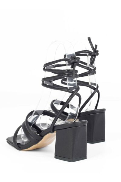 Afilli Sandale negre pentru femei, cu dantelă la gleznă, cu toc gros, cu 3 benzi