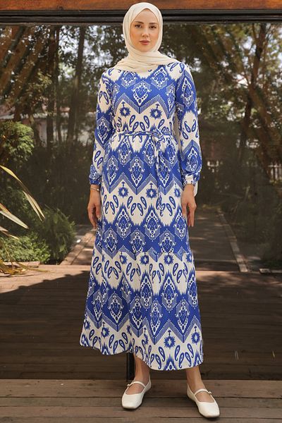 benguen 13003 Φόρεμα με μοτίβο Saks Blue Hijab